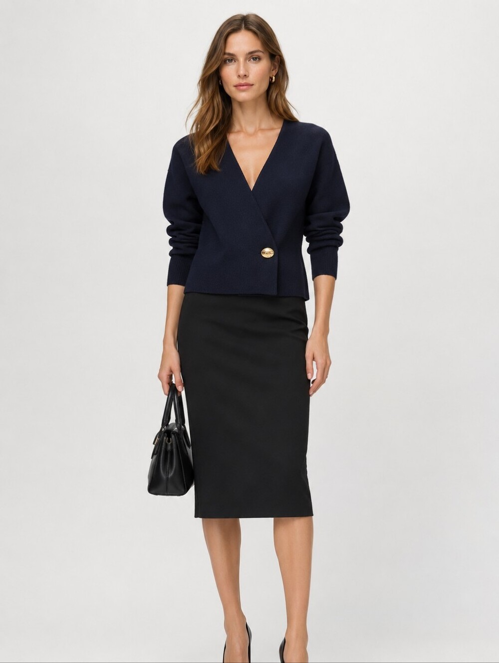 Mango Dark Navy Crossover Cardigan with Gold Button – NWT